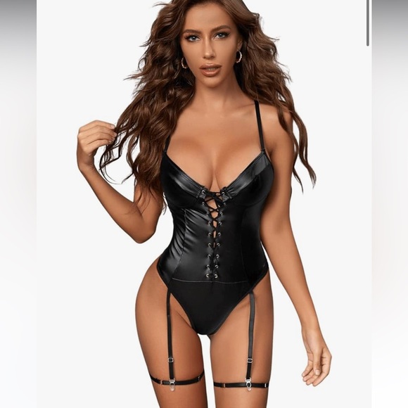 Other - Black Faux Leather Bodysuit Lingerie and Garter Set